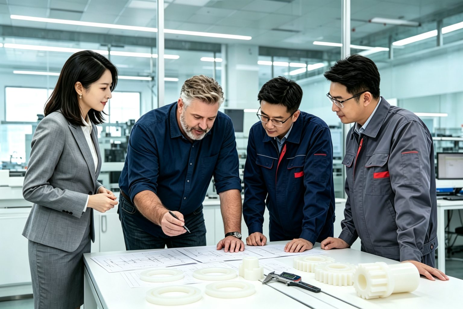 Engineering team reviewing technical drawings with client